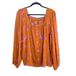 LOFT outlet casual square neck peasant blouse paisley long sleeve woman's size L